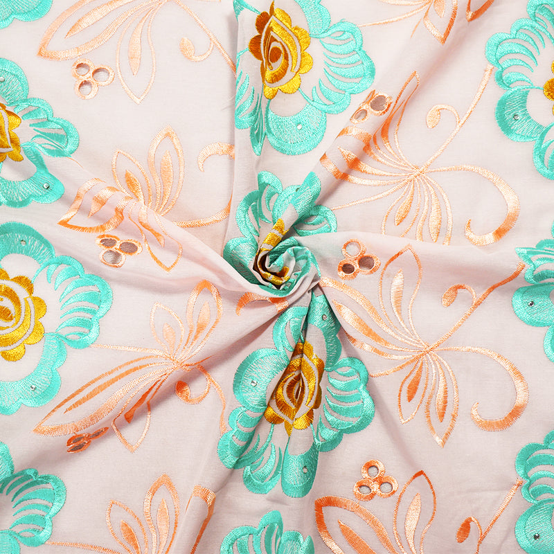 Coral Orange-Teal-Multi Poly-Cotton Floral Embroidered Scallop Eyelet Woven Fabric