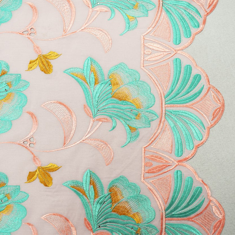 Coral Orange-Teal-Multi Poly-Cotton Floral Vine Embroidery Scallop Woven Fabric