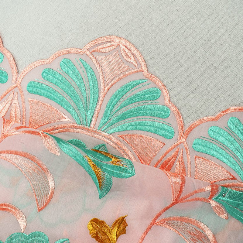 Coral Orange-Teal-Multi Poly-Cotton Floral Vine Embroidery Scallop Woven Fabric