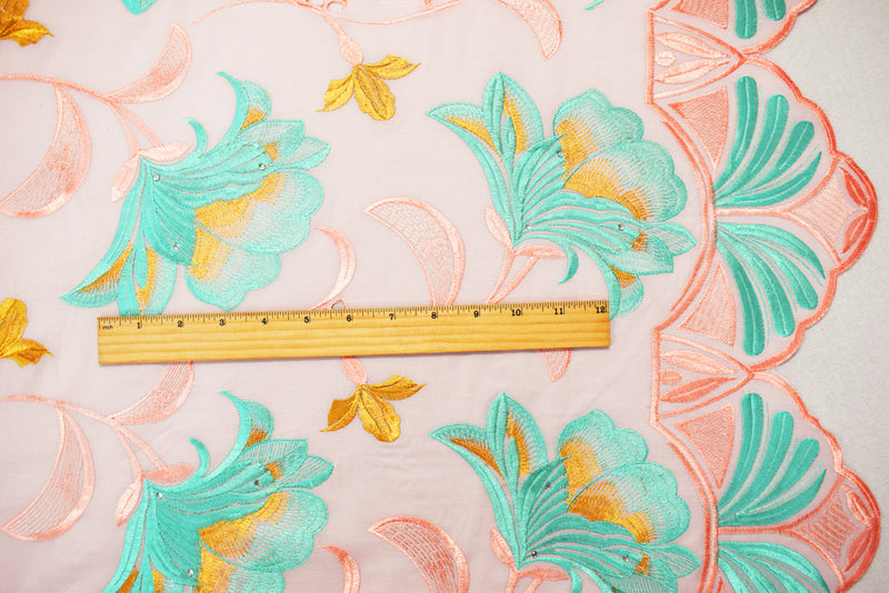 Coral Orange-Teal-Multi Poly-Cotton Floral Vine Embroidery Scallop Woven Fabric