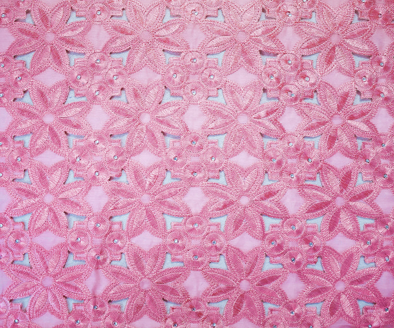 Pink Poly Floral and Circle Embroidered Scallop Rhinestone Woven Fabric