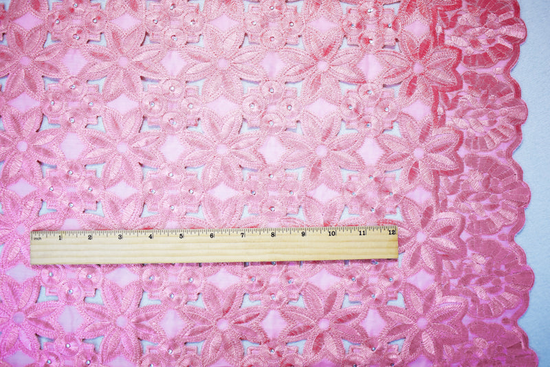 Pink Poly Floral and Circle Embroidered Scallop Rhinestone Woven Fabric