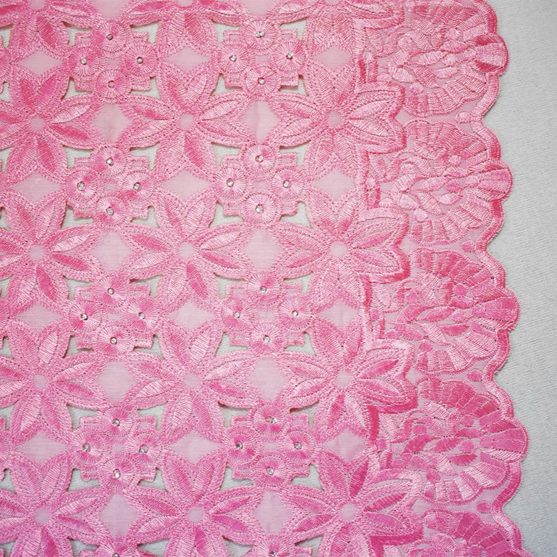 Pink Poly Floral and Circle Embroidered Scallop Rhinestone Woven Fabric