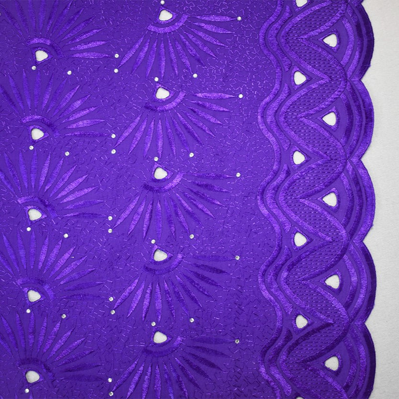 Purple Poly-Cotton Embroidered Abstract Scallop Rhinestone Woven Fabric