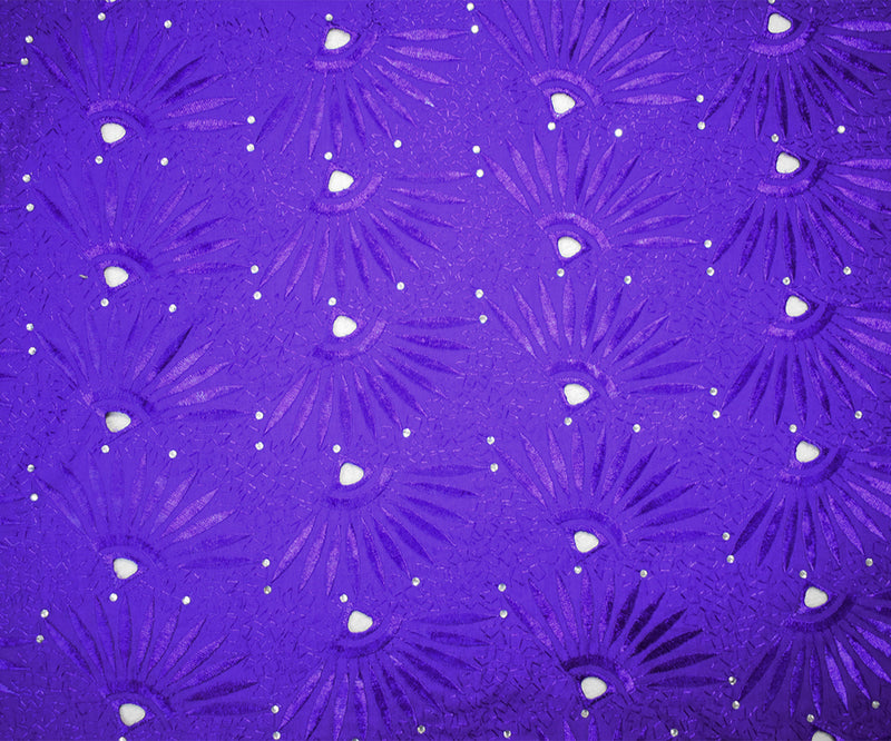 Purple Poly-Cotton Embroidered Abstract Scallop Rhinestone Woven Fabric