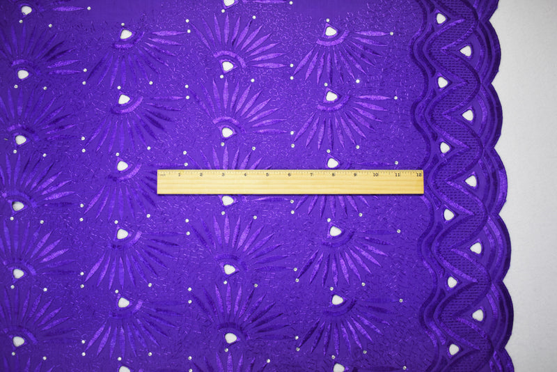 Purple Poly-Cotton Embroidered Abstract Scallop Rhinestone Woven Fabric