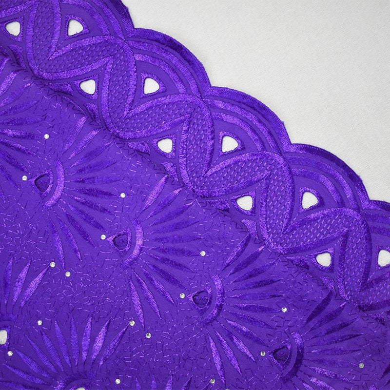 Purple Poly-Cotton Embroidered Abstract Scallop Rhinestone Woven Fabric