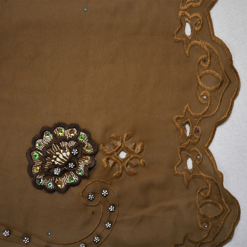 Brown-Multi Poly Embroidered Floral Beaded Rhinestone Scallop Chiffon Fabric
