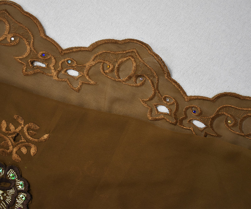 Brown-Multi Poly Embroidered Floral Beaded Rhinestone Scallop Chiffon Fabric