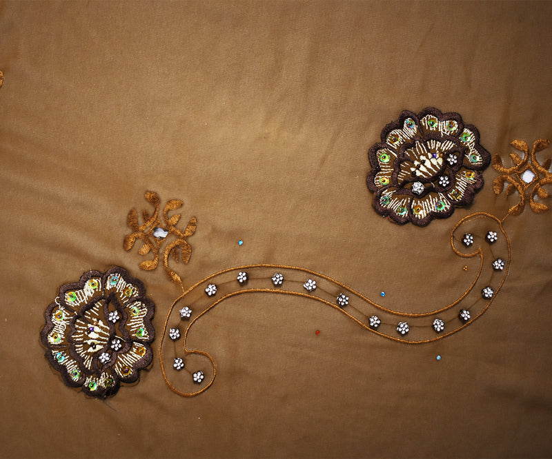 Brown-Multi Poly Embroidered Floral Beaded Rhinestone Scallop Chiffon Fabric