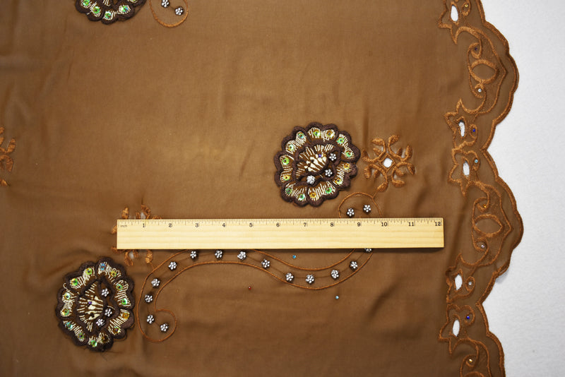 Brown-Multi Poly Embroidered Floral Beaded Rhinestone Scallop Chiffon Fabric