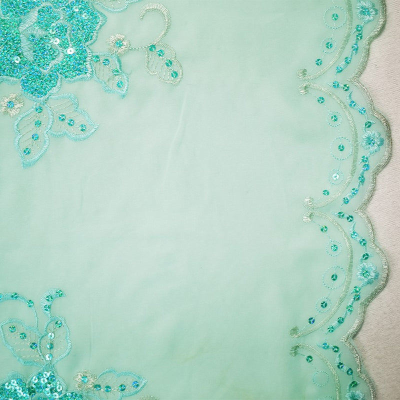 Aqua-Silver Nylon Embroidered Floral Sequined Scallop Chiffon Woven Fabric