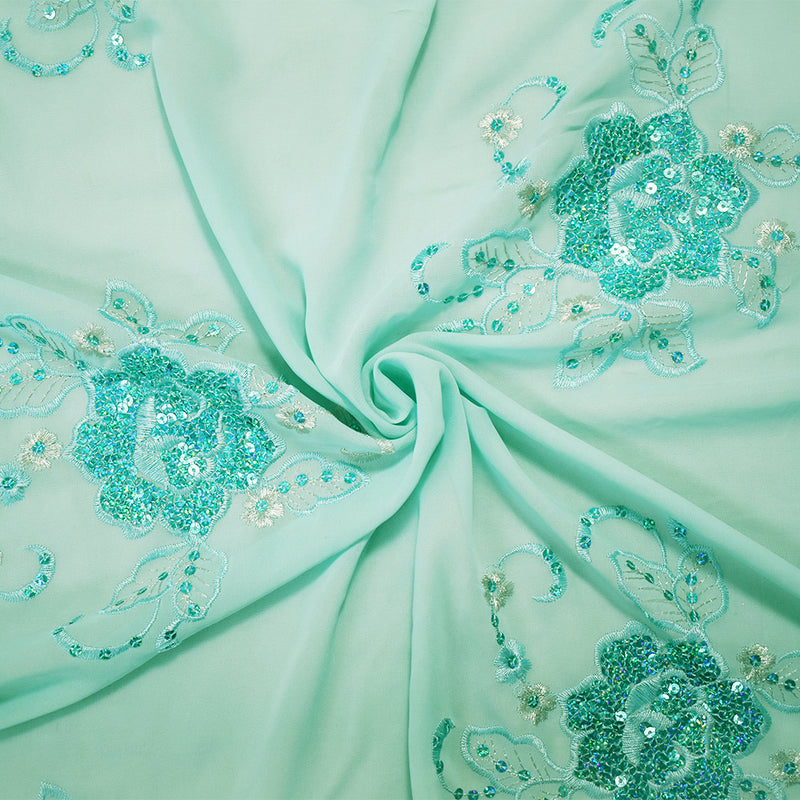 1 1/2 YD PC-Aqua-Silver Nylon Embroidered Floral Sequined Scallop Chiffon Woven Fabric