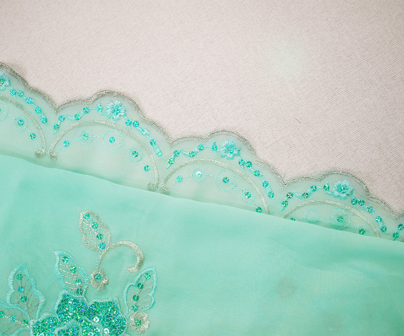 1 1/2 YD PC-Aqua-Silver Nylon Embroidered Floral Sequined Scallop Chiffon Woven Fabric