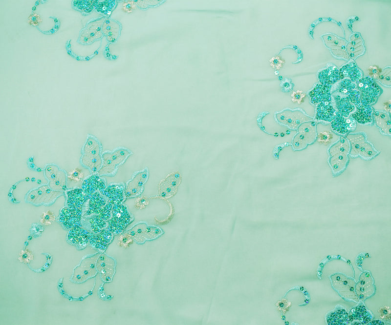 1 1/2 YD PC-Aqua-Silver Nylon Embroidered Floral Sequined Scallop Chiffon Woven Fabric