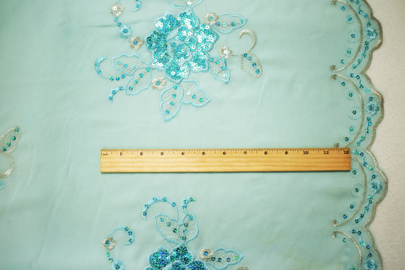 1 1/2 YD PC-Aqua-Silver Nylon Embroidered Floral Sequined Scallop Chiffon Woven Fabric