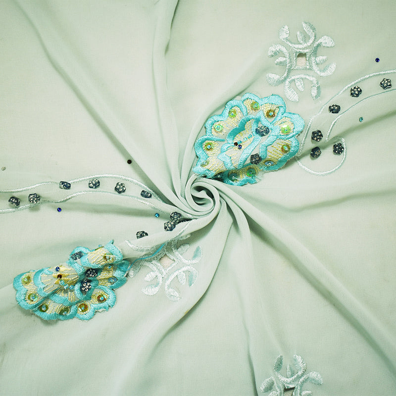 Teal-Multi Poly Embroidered Floral Beaded Rhinestone Scallop Chiffon Fabric