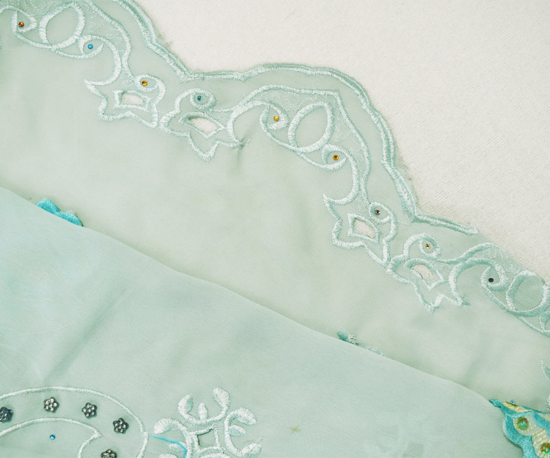 Teal-Multi Poly Embroidered Floral Beaded Rhinestone Scallop Chiffon Fabric