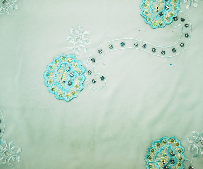 Teal-Multi Poly Embroidered Floral Beaded Rhinestone Scallop Chiffon Fabric