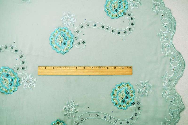 Teal-Multi Poly Embroidered Floral Beaded Rhinestone Scallop Chiffon Fabric