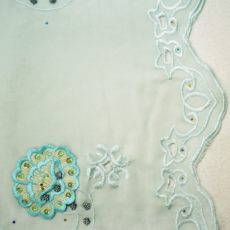 Teal-Multi Poly Embroidered Floral Beaded Rhinestone Scallop Chiffon Fabric