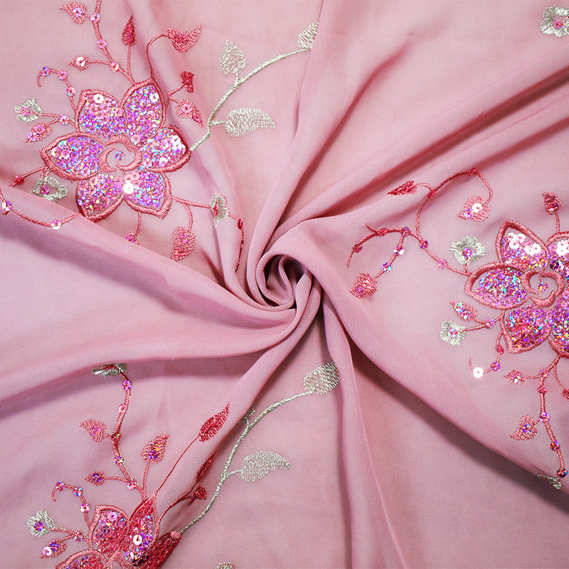 Mauve Pink-Silver Polyester Embroidered Floral Sequin Scallop Chiffon Woven Fabric