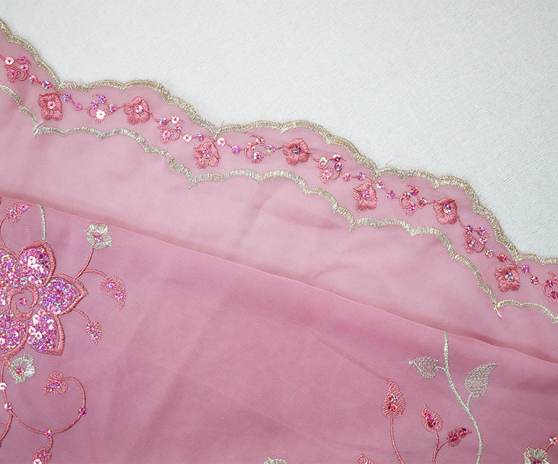 Mauve Pink-Silver Polyester Embroidered Floral Sequin Scallop Chiffon Woven Fabric