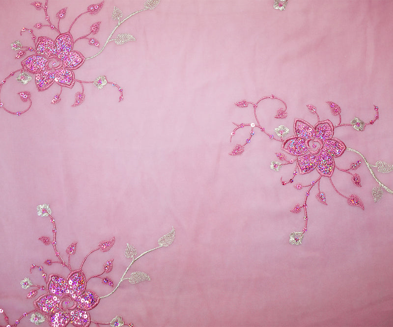 Mauve Pink-Silver Polyester Embroidered Floral Sequin Scallop Chiffon Woven Fabric