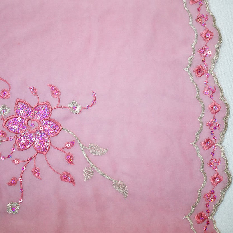 Mauve Pink-Silver Polyester Embroidered Floral Sequin Scallop Chiffon Woven Fabric