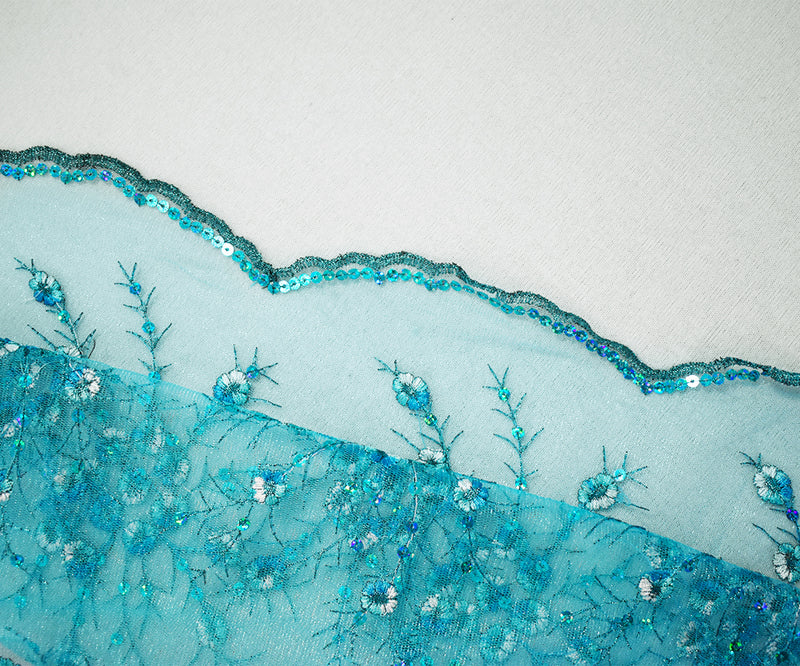 Aqua Teal-White Nylon Embroidered Floral Sequin Scallop Mesh Tulle Fabric