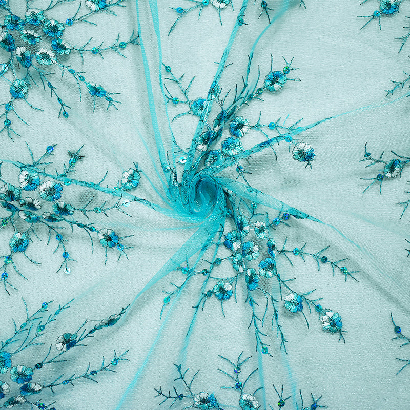 Aqua Teal-White Nylon Embroidered Floral Sequin Scallop Mesh Tulle Fabric