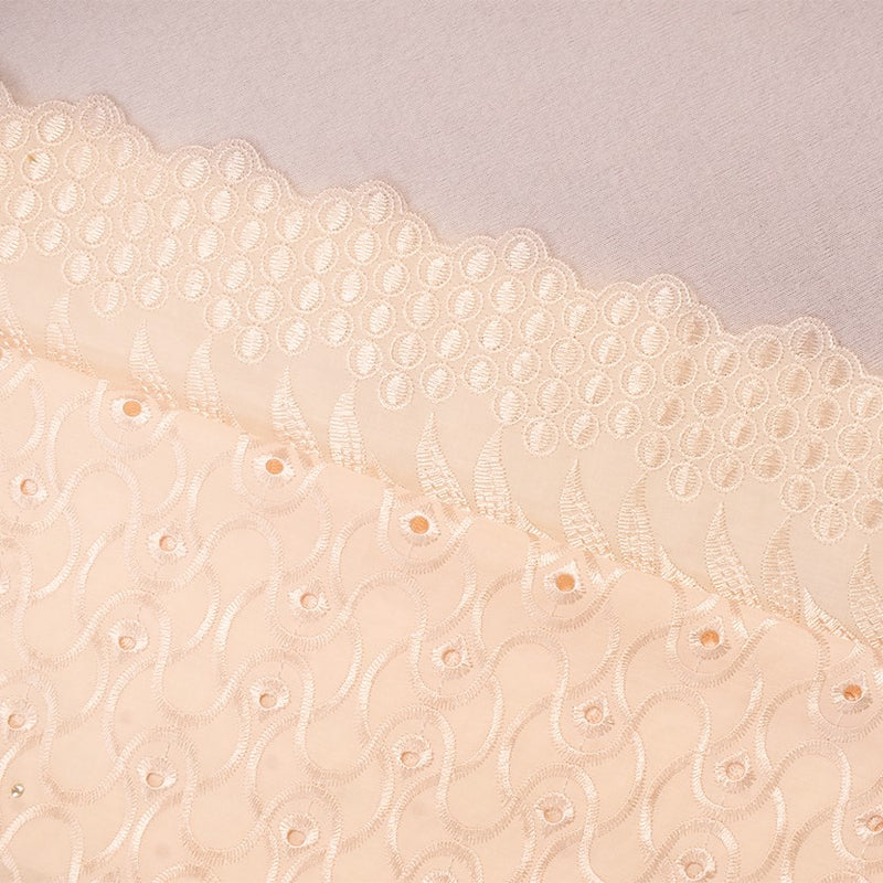 Beige Poly-Cotton Embroidery Eyelet Floral Scallop Rhinestone Woven Fabric