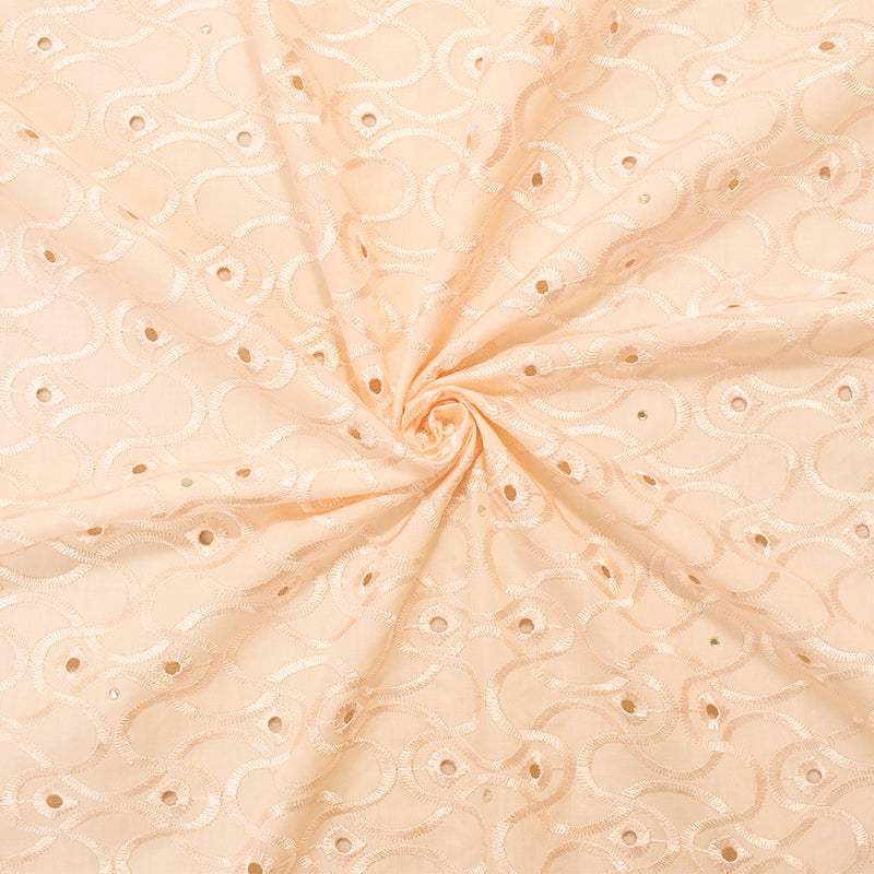 Beige Poly-Cotton Embroidery Eyelet Floral Scallop Rhinestone Woven Fabric
