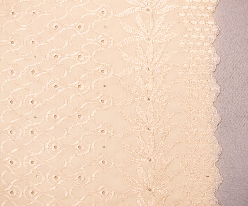 Beige Poly-Cotton Embroidery Eyelet Floral Scallop Rhinestone Woven Fabric