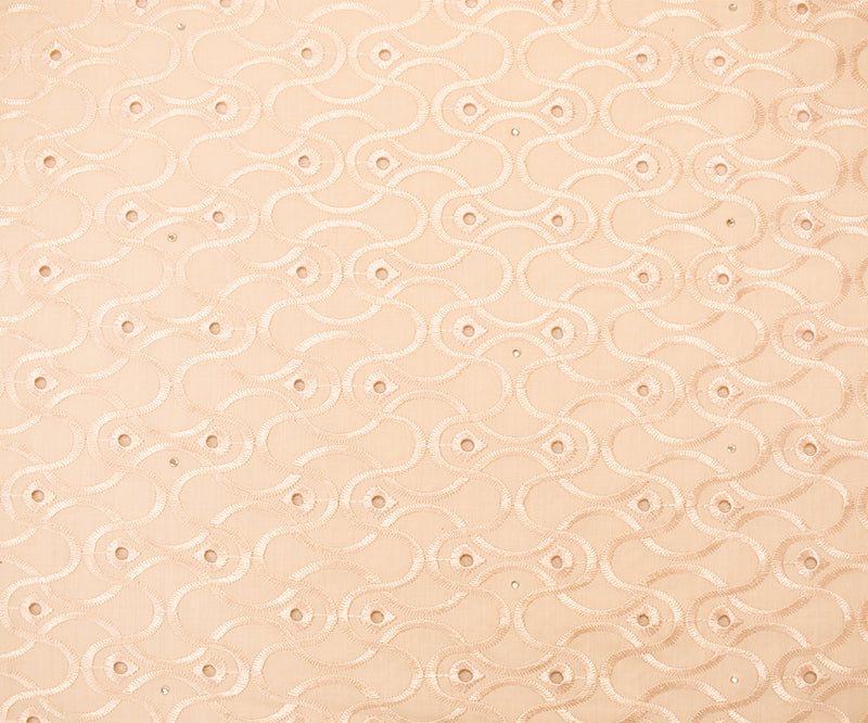 Beige Poly-Cotton Embroidery Eyelet Floral Scallop Rhinestone Woven Fabric