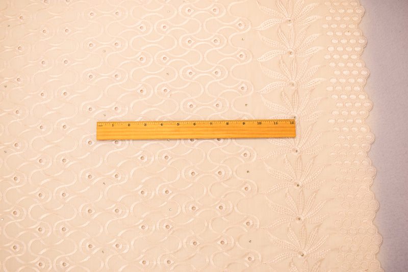 Beige Poly-Cotton Embroidery Eyelet Floral Scallop Rhinestone Woven Fabric