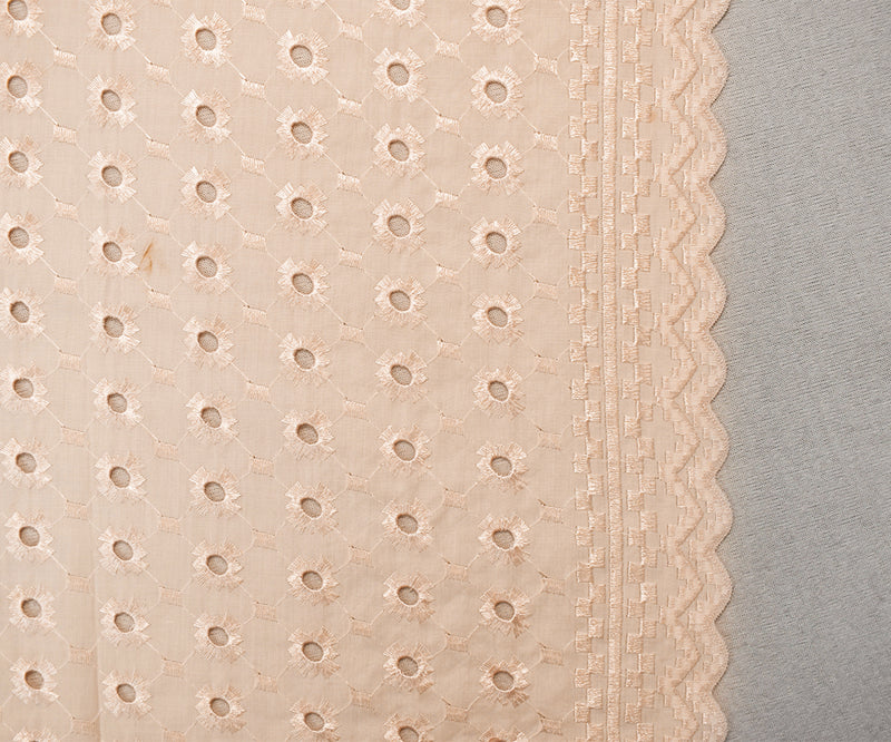 Beige Poly-Cotton Embroidered Abstract Pixel Eyelet Scallop Woven Fabric