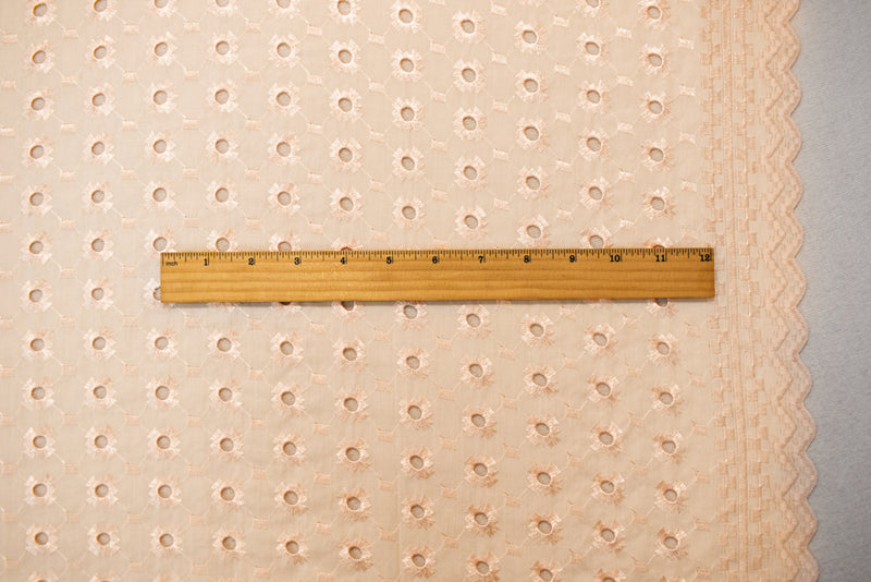 Beige Poly-Cotton Embroidered Abstract Pixel Eyelet Scallop Woven Fabric