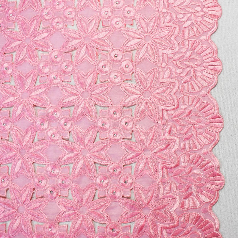 Pastel Pink Polyester Floral Circle Scalloped Rhinestone Woven Fabric