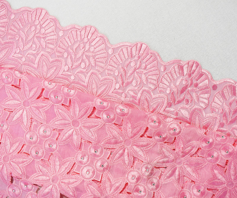 Pastel Pink Polyester Floral Circle Scalloped Rhinestone Woven Fabric
