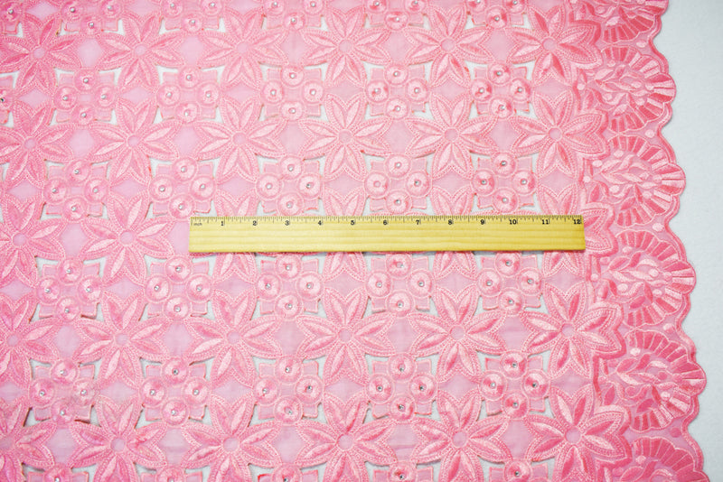 Pastel Pink Polyester Floral Circle Scalloped Rhinestone Woven Fabric