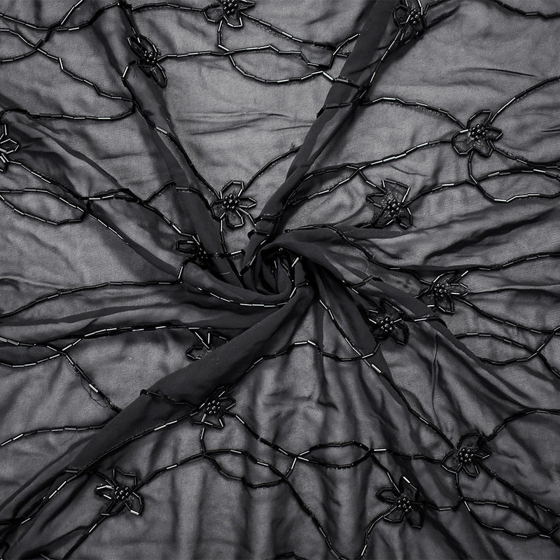 Black Polyester Beaded Floral Vine Embroidered Scallop Chiffon Woven Fabric