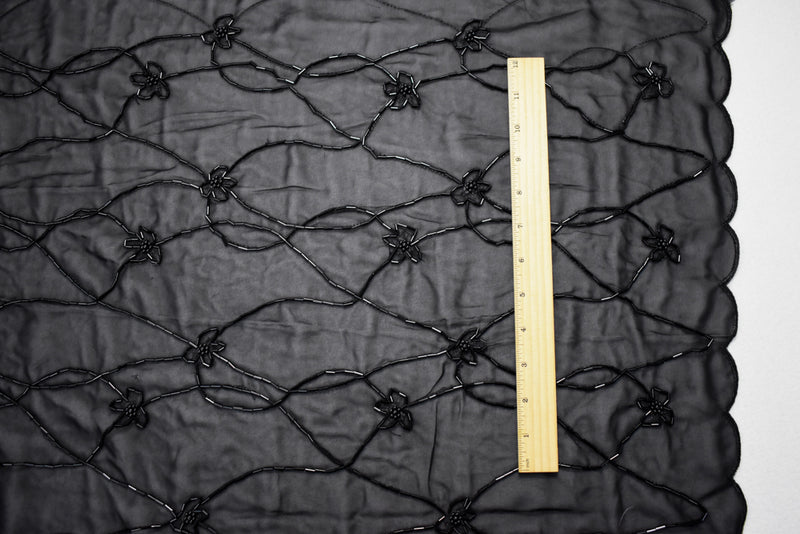 Black Polyester Beaded Floral Vine Embroidered Scallop Chiffon Woven Fabric