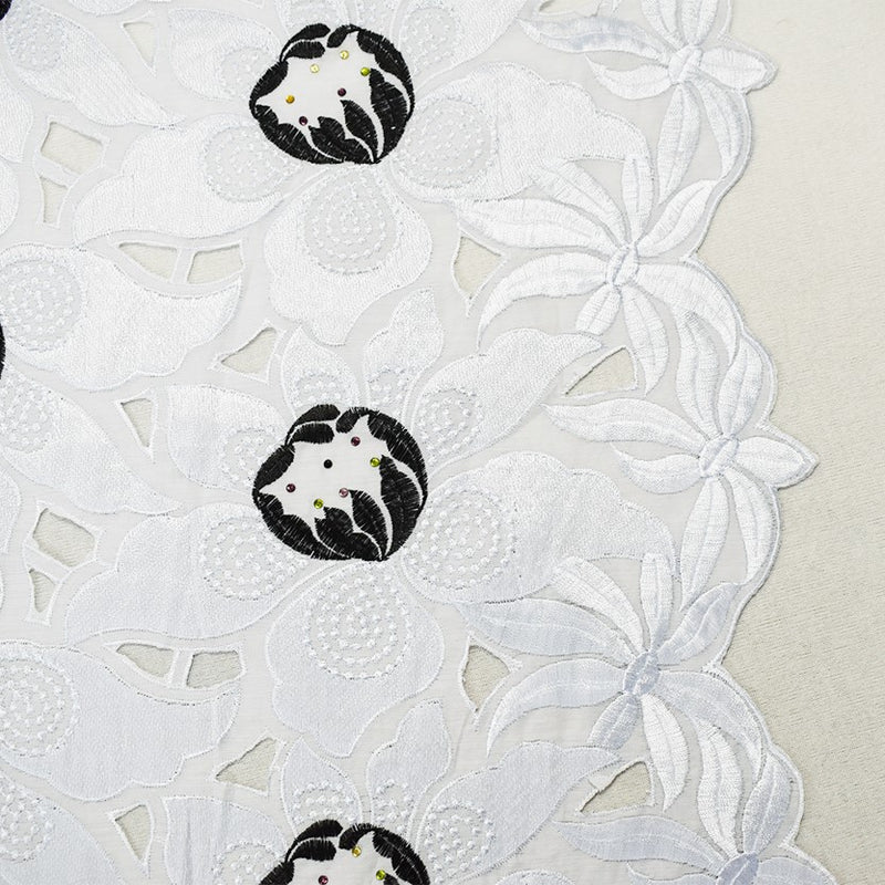 White-Multi Poly Embroidered Floral Scallop Rhinestone Woven Fabric