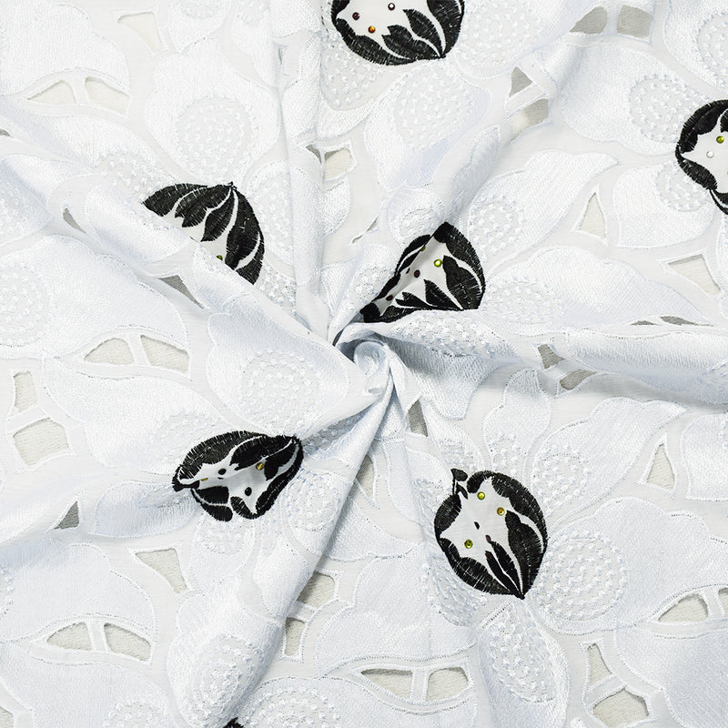 White-Multi Poly Embroidered Floral Scallop Rhinestone Woven Fabric