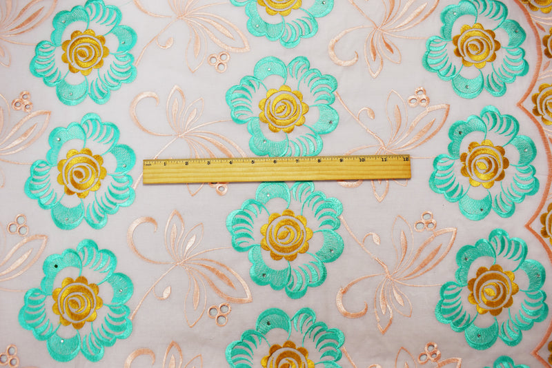 Coral Orange-Multi Poly Embroidered Floral Scallop Rhinestone Woven Fabric