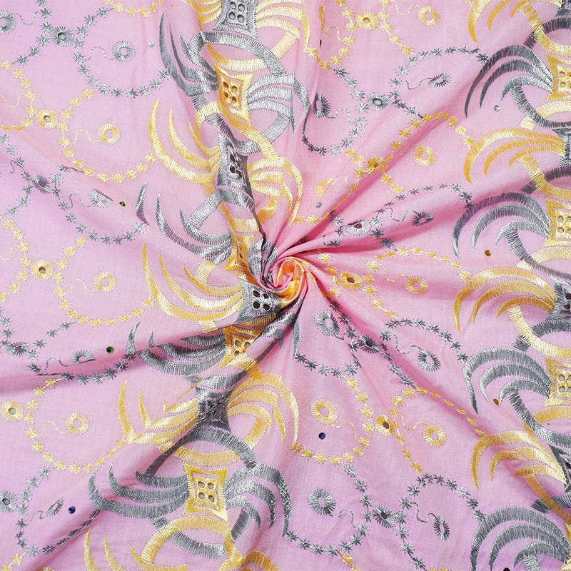 3 1/8 YD PC-Pink-Multi Poly Embroidered Abstract Scallop Rhinestone Woven Fabric