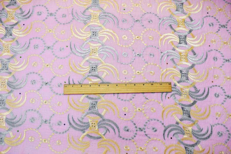 Pink-Multi Poly Embroidered Abstract Scallop Rhinestone Woven Fabric