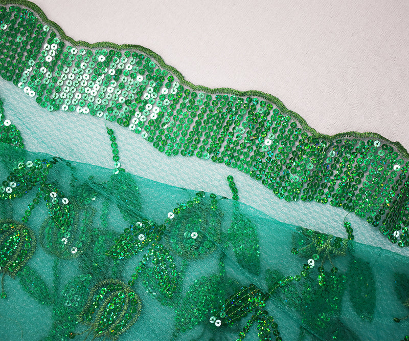 3 1/2 YD PC-Green Nylon Embroidered Floral Tullip Sequin Scallop Tulle Mesh Fabric