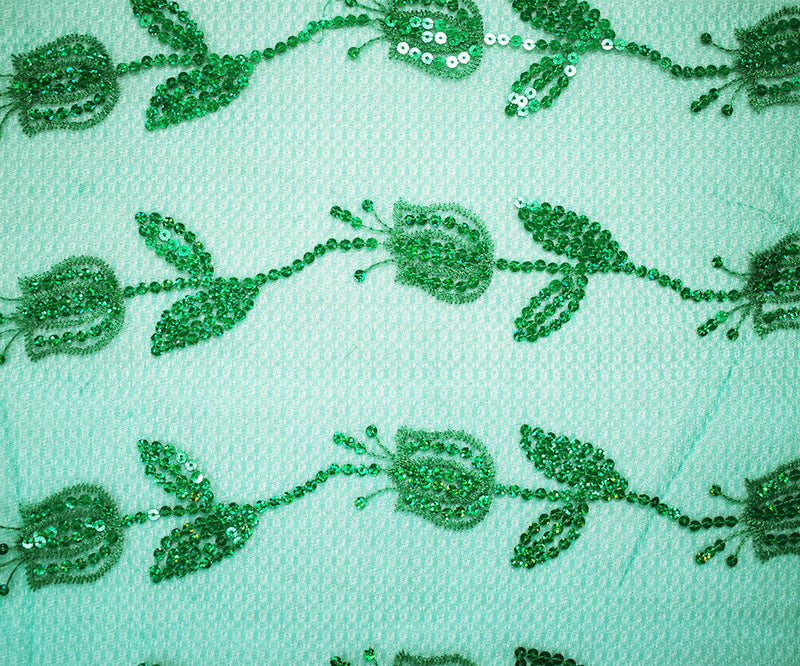 3 1/2 YD PC-Green Nylon Embroidered Floral Tullip Sequin Scallop Tulle Mesh Fabric